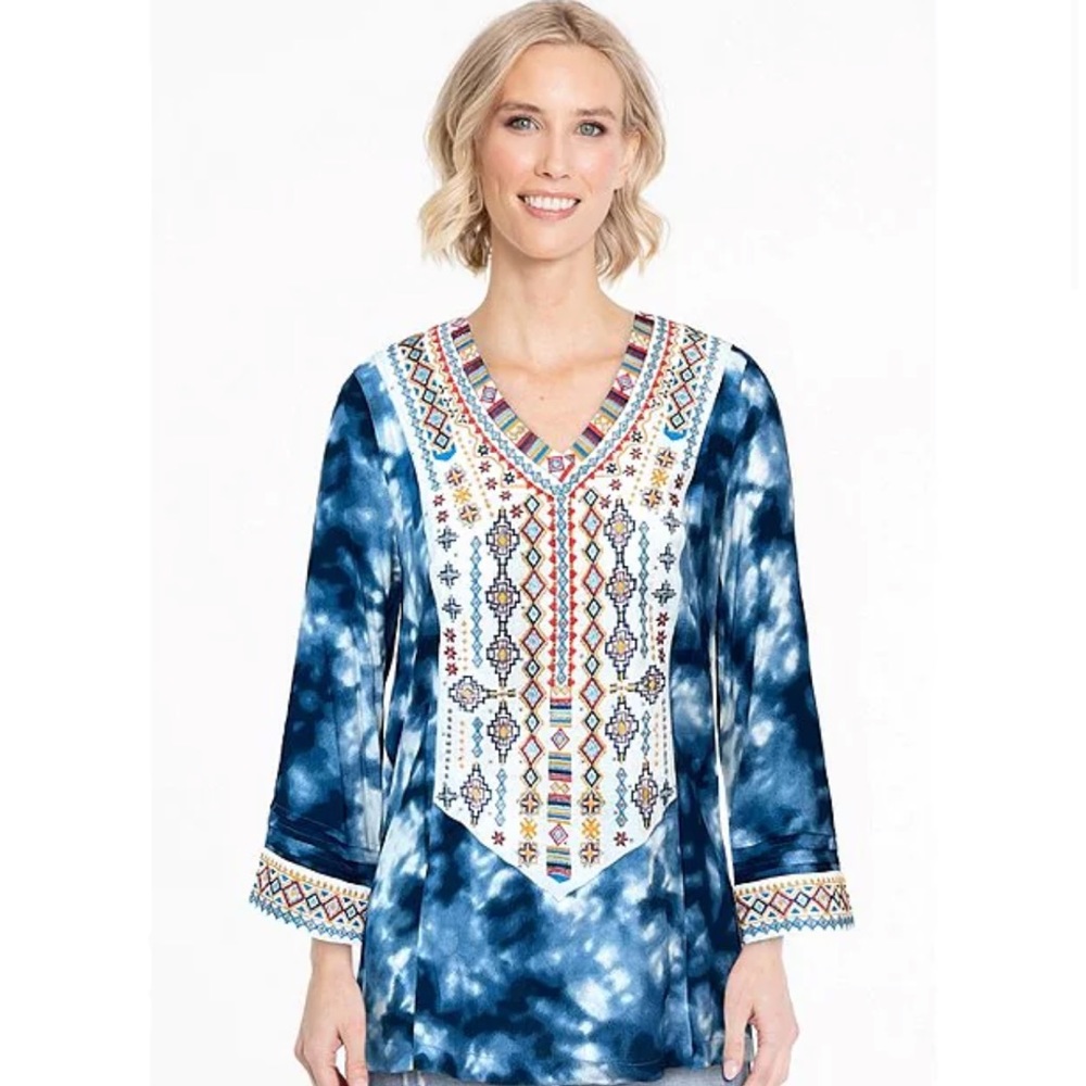 John Mark Embroidered Tie Dye Print V-Neck 3/4 Sleeve High-Low Blouse
